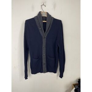 J Crew Mens Cardigan Medium Merino Wool Blend Shawl Collar Slim Navy Dad Preppy